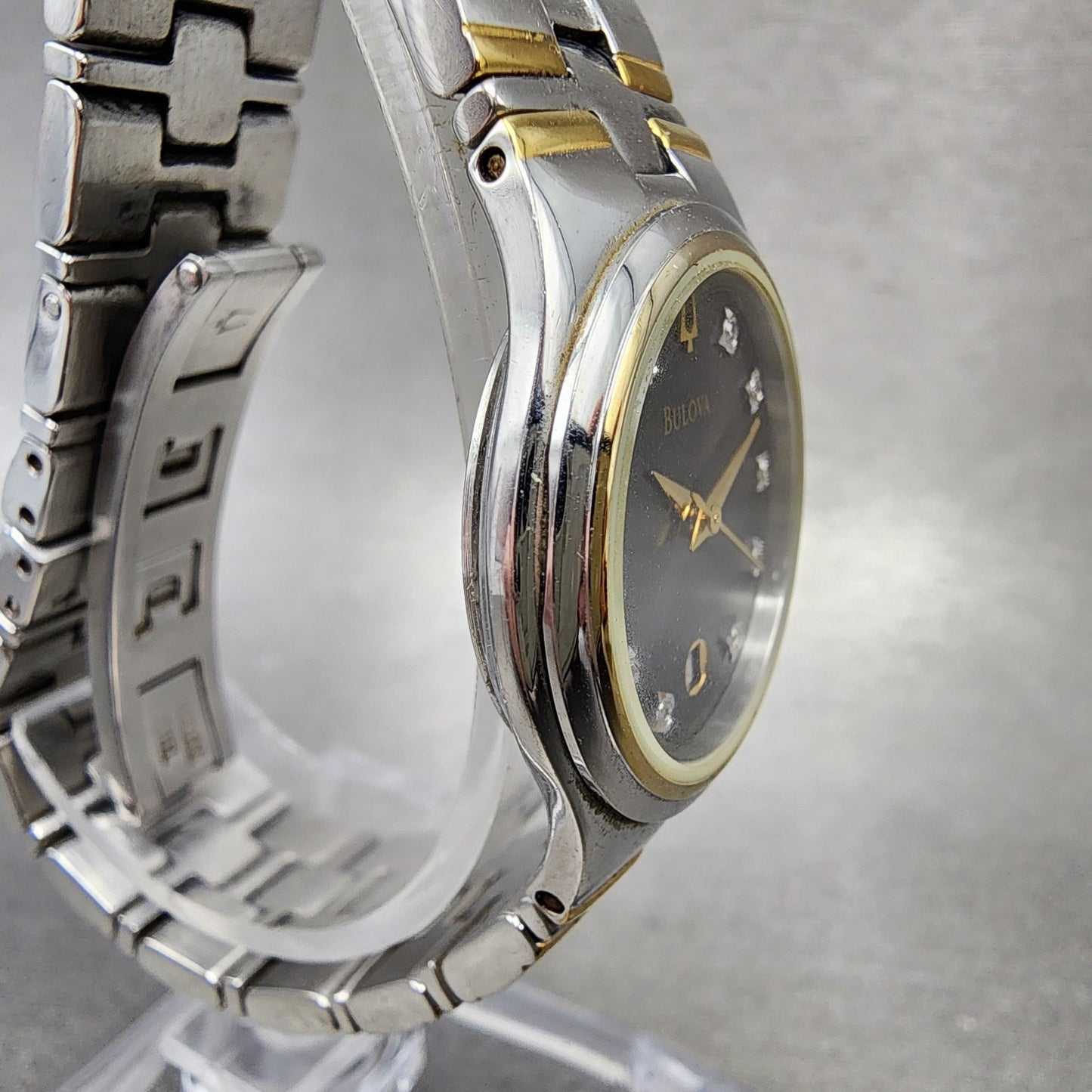 Bulova Watch Women 26mm Black Dial Two Tone Diamond Marker 98P109 New Battery3