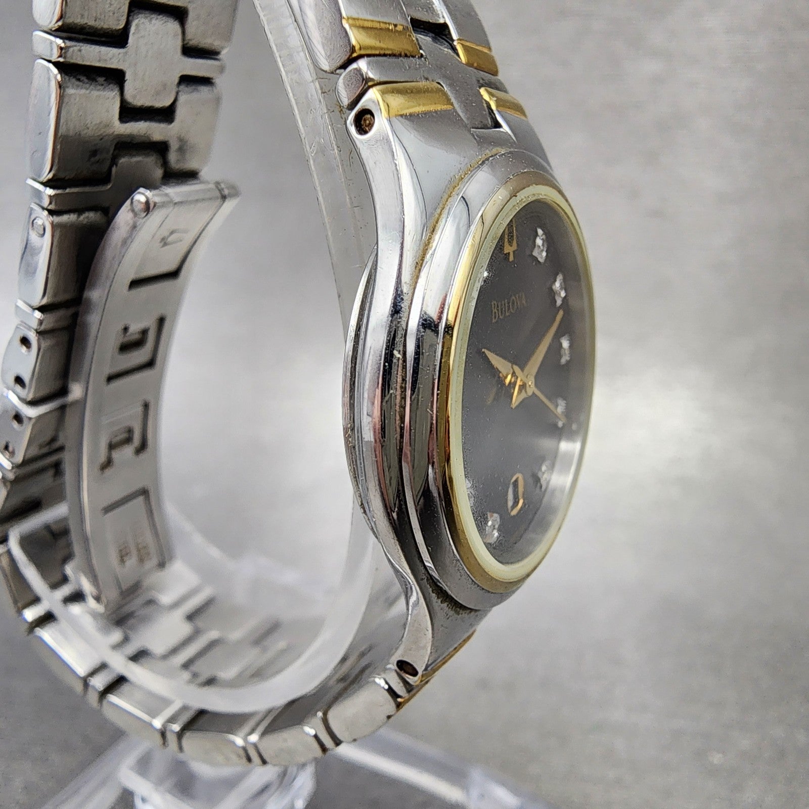 Bulova Watch Women 26mm Black Dial Two Tone Diamond Marker 98P109 New Battery3