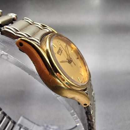 Seiko Watch Women 20mm Gold Dial Gold Tone Round 1N01-0E19 New Battery Vintage d3