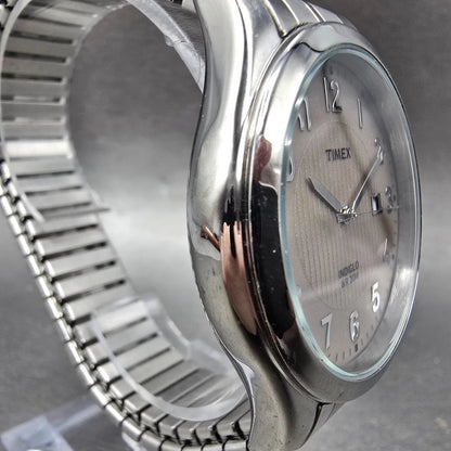 Timex Watch Men 40mm Gray Dial Silver Tone Date Round Indiglo New Battery T2N8503