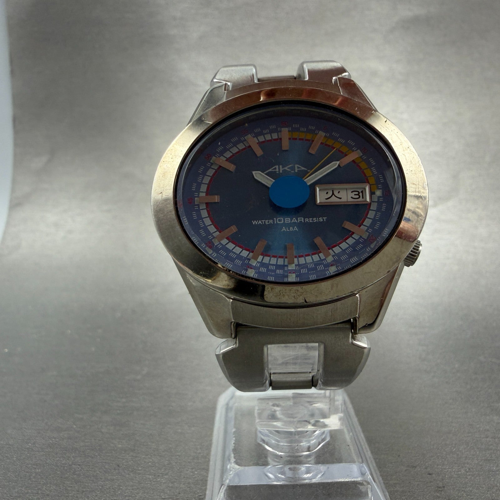 Seiko Alba AKA Watch Men 42mm Blue Dial Silver Tone Daydate V743-5a10 New Batt 35