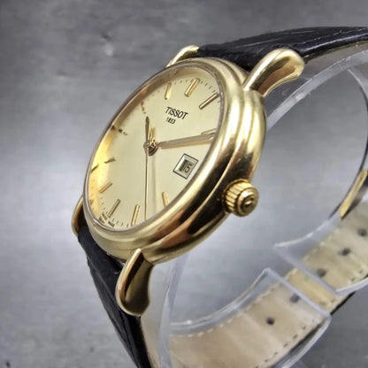 Tissot Carson Watch Women 27mm Gold Dia 18K Gold Case Date T71.3.129.21 New Batt2