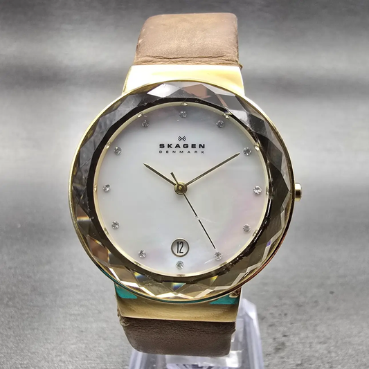Skagen Watch Women 34mm MOP Dial Gold Tone Date Round SKW2166 New Battery0