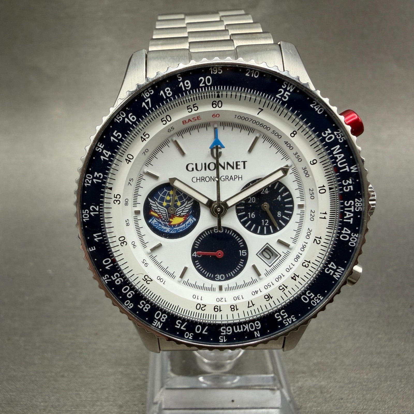 Guionnet Flight Timer Chronograph Watch Men 42mm White Dial Steel Date New Batt0