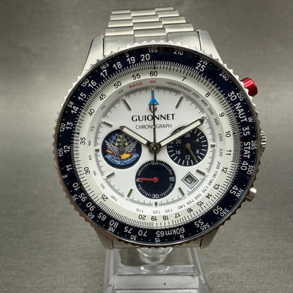 Guionnet Flight Timer Chronograph Watch Men 42mm White Dial Steel Date New Batt0