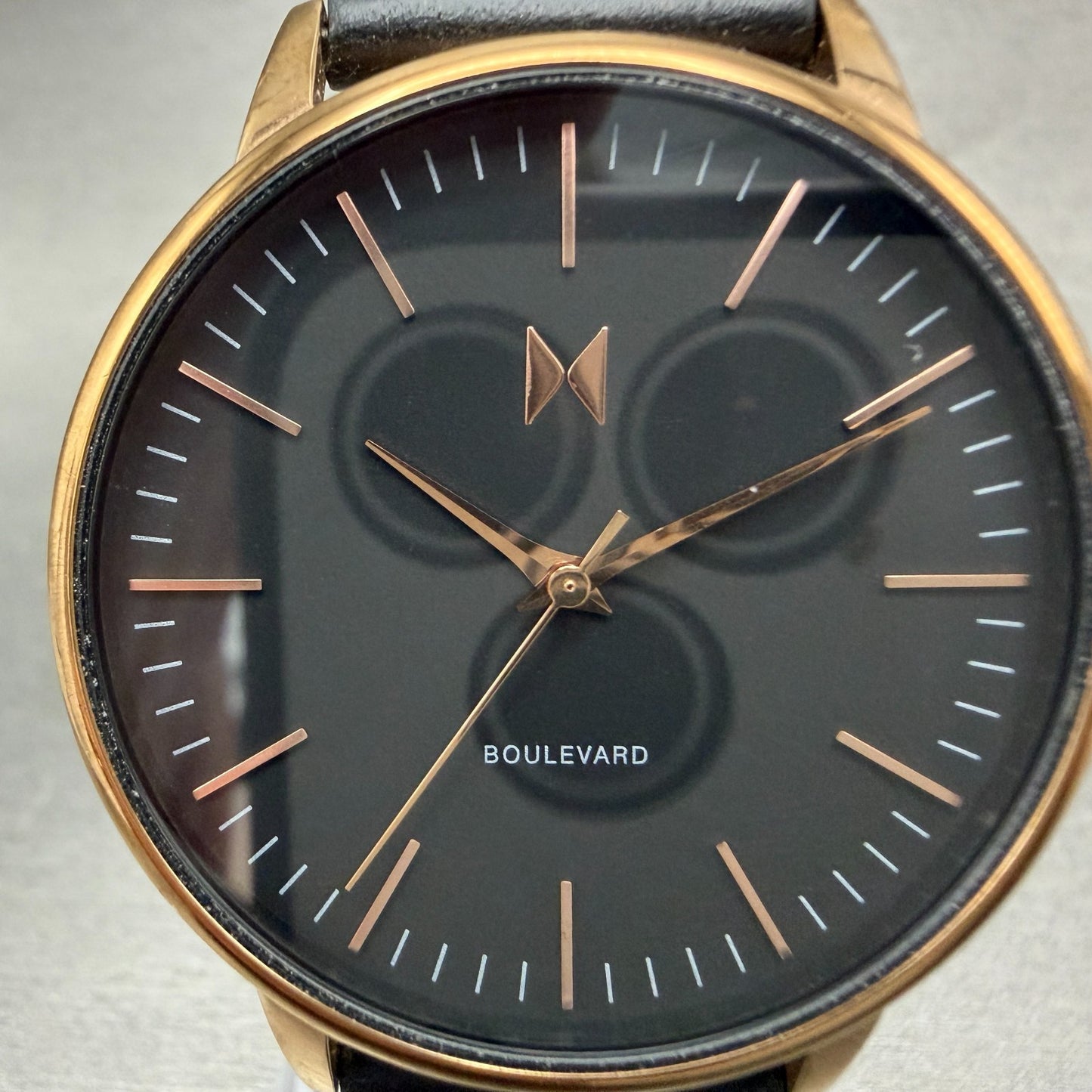 MVMT Boulevard Watch Women 38mm Black Dial Rose Gold Tone Leather New Battery T1