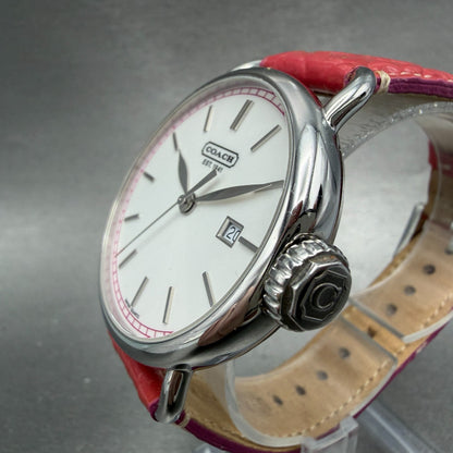Coach Watch Women 40mm White Dial Steel Date Round Pink Band New Battery2