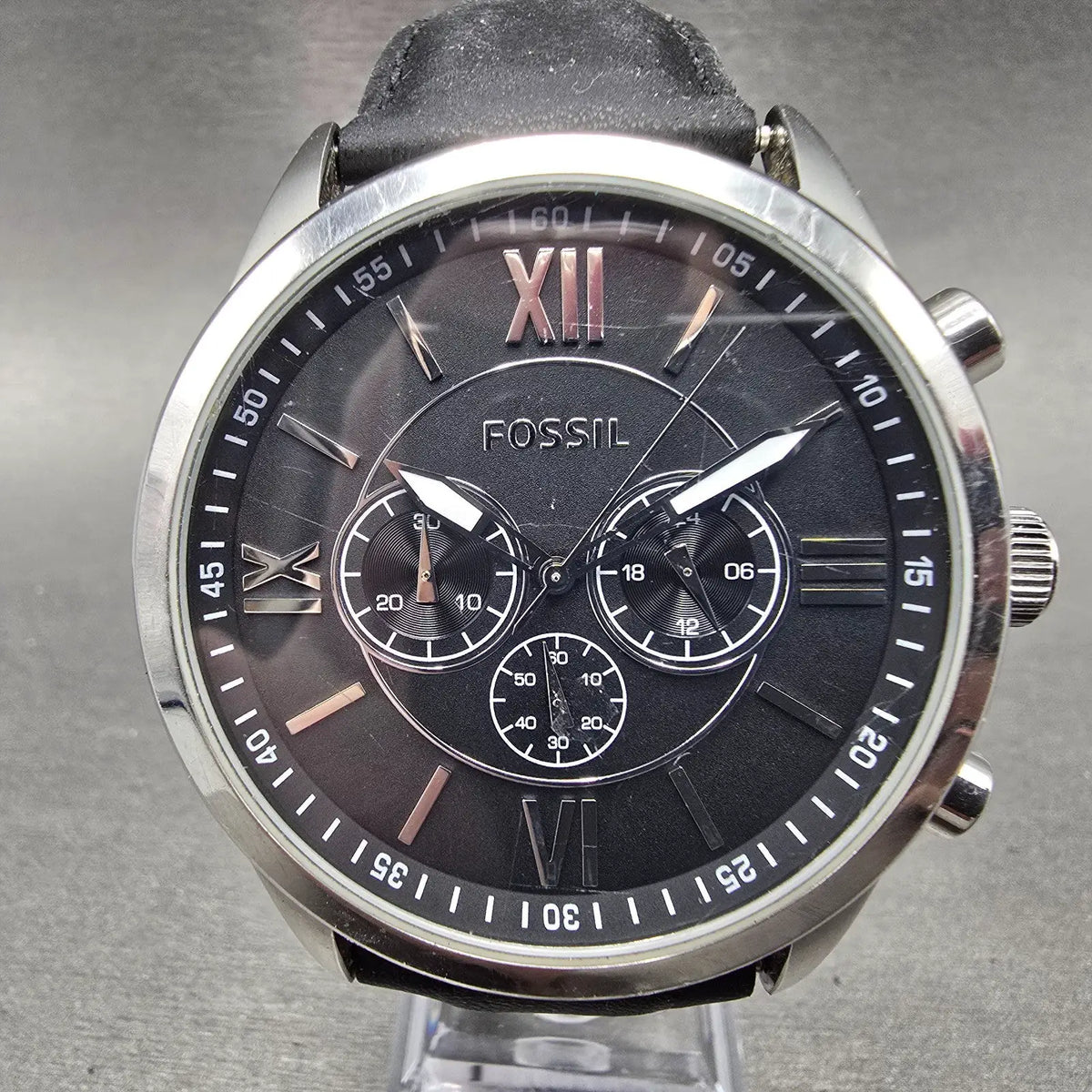 Fossil Flynn Chronograph Watch Men 48mm Black Dial Steel Round BQ-1130 New Batt0