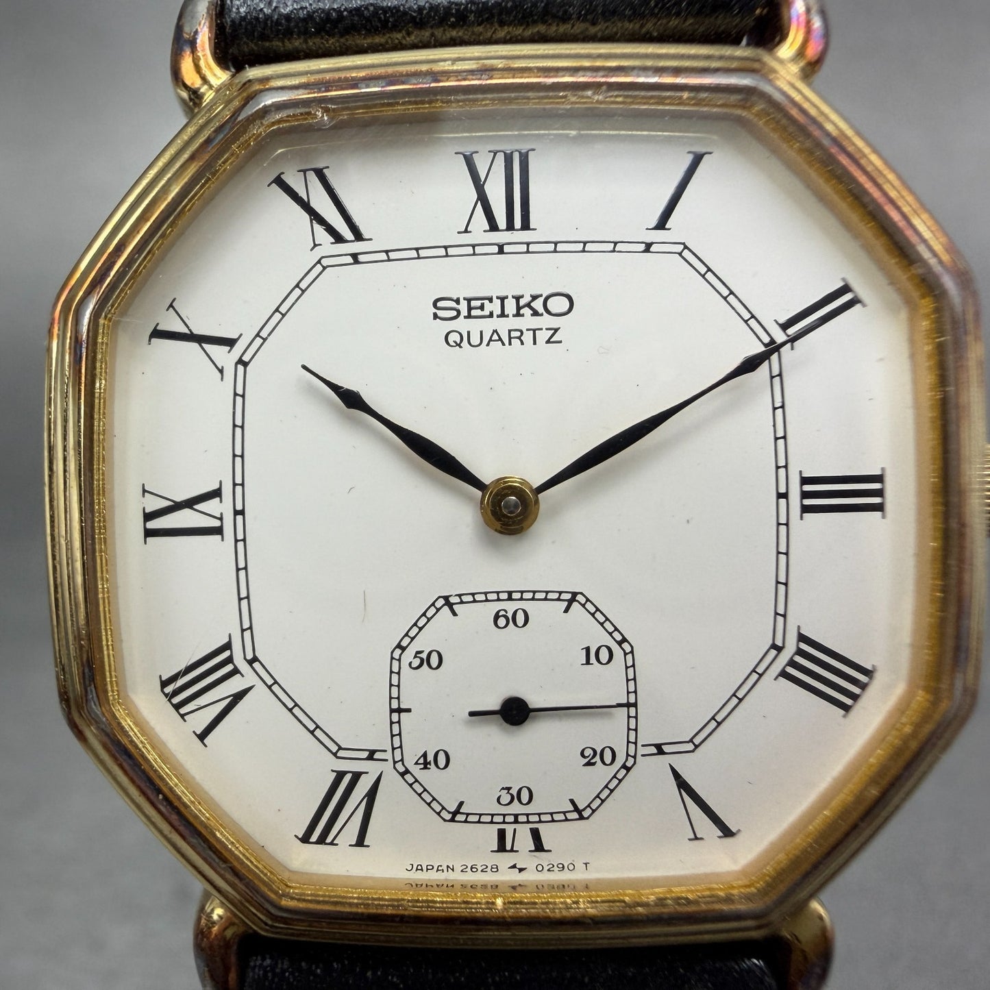 Seiko Watch Men 30mm White Dial Gold Tone Octagon 2628-5040 New Battery Vintage1