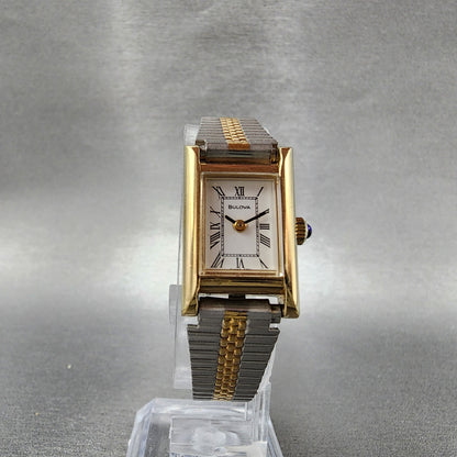 VTG Bulova Tank Watch Women 16mm White Dial Gold Tone Manual Wind Runs5