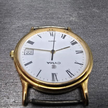 Cyma Watch Men 33mm White Dial Gold Tone Date Round Swiss Vintage PARTS5