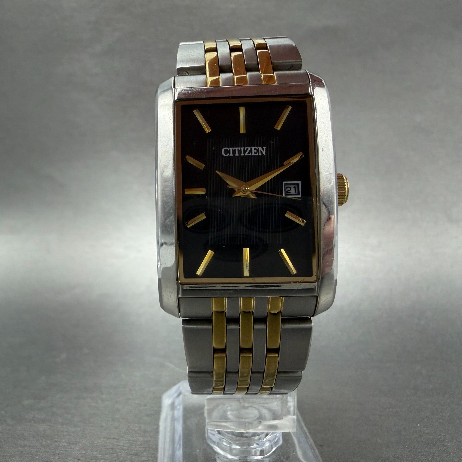 Citizen Tank Watch Men 26mm Black Dial Two Tone Date 1012-S097746 New Vattery5