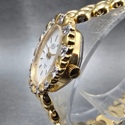 Unbranded Watch Women 17mm White Dial Gold Tone Gem Set Bezel Oval New Battery2