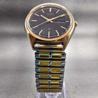 Citizen CQ Watch Men 35mm Black Dial Gold Tone Daydate Round 1100-S63812 New Bat5