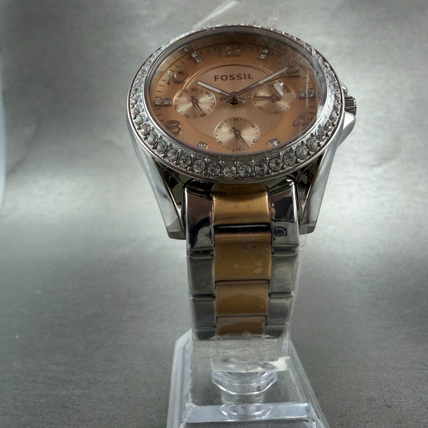 Fossil Riley Watch Women 38mm Rose Dial Two Tone Daydate Round ES4145 New Batt5