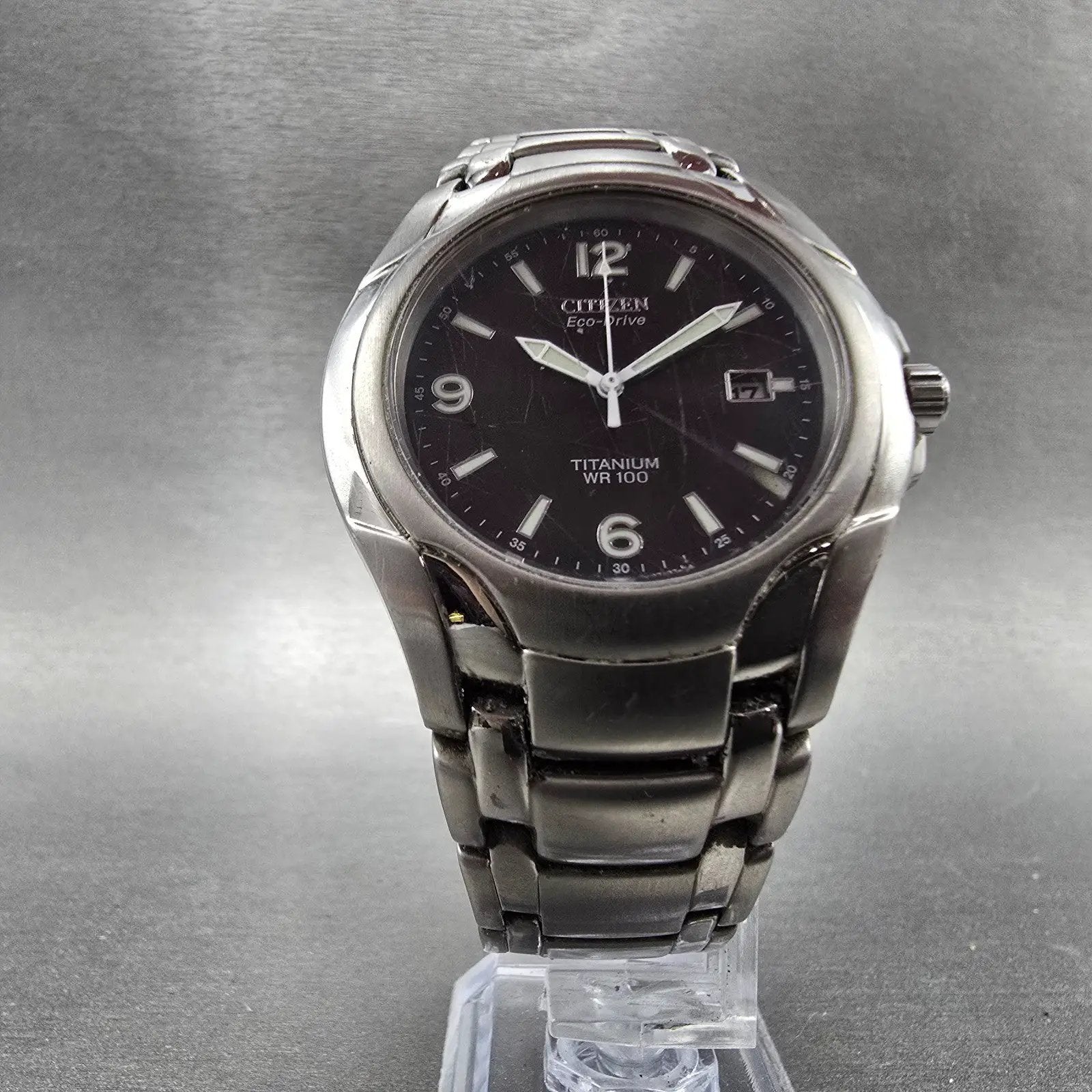 Citizen Eco-Drive Watch Men 41mm Black Dial Titanium Date E111-K006368 Runs DFSF5