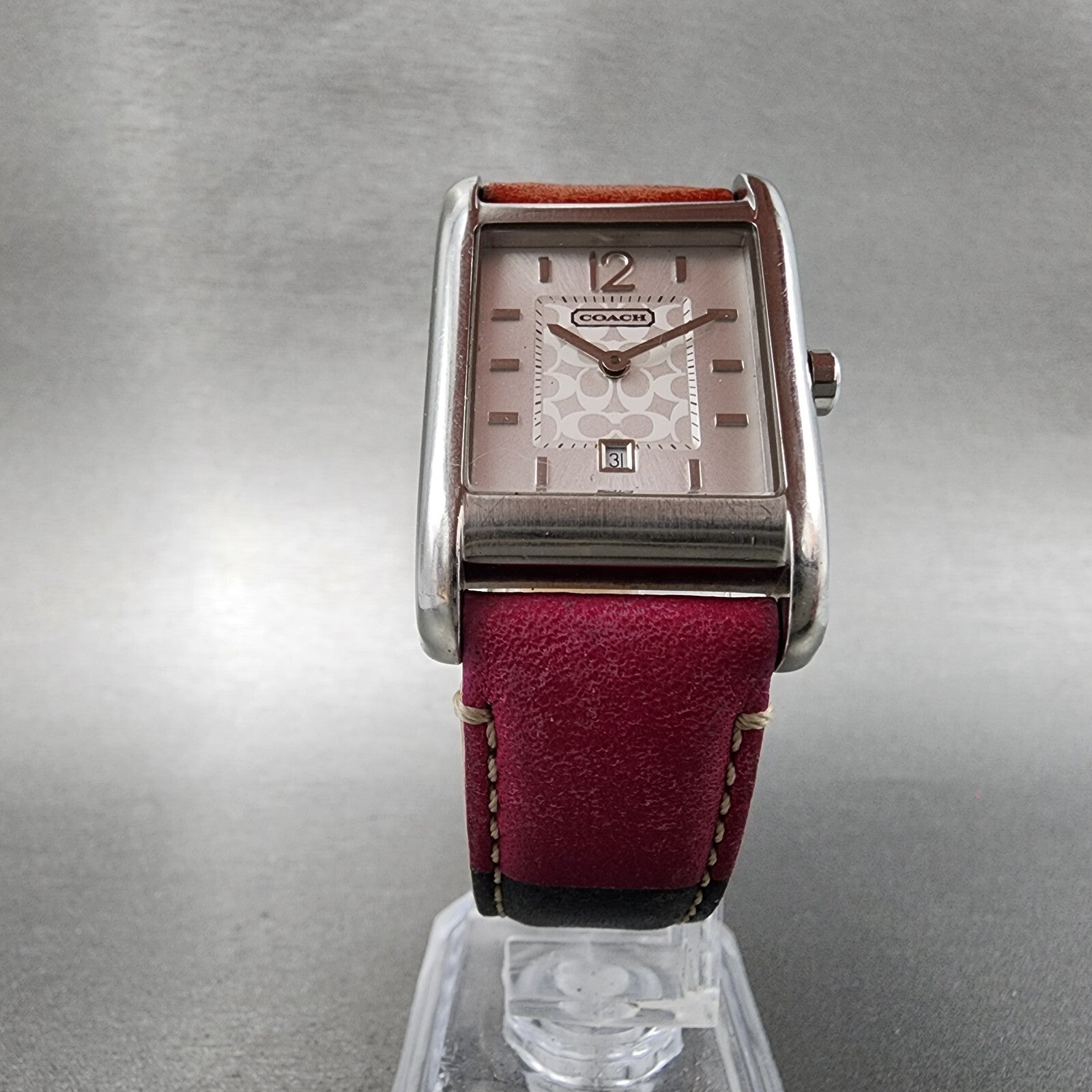 Coach Tank Watch Women 25mm Silver Dial Steel Date Rectangle Leather New Battery5