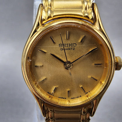 Seiko Watch Women 20mm Gold Dial Gold Tone Round 1N010E19 New Battery1