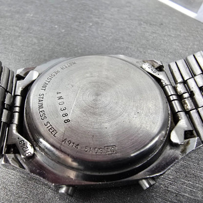 Seiko Digital Watch Men 34mm LCD Silver Alarm Chrono A914-5A09 New battery ABC9