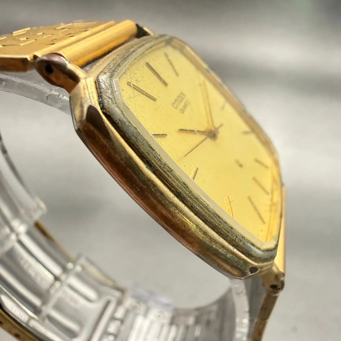 Citizen CQ Watch Men 30mm Gold Dial Gold Tone Rectangle 7923 Vintage New Battery3