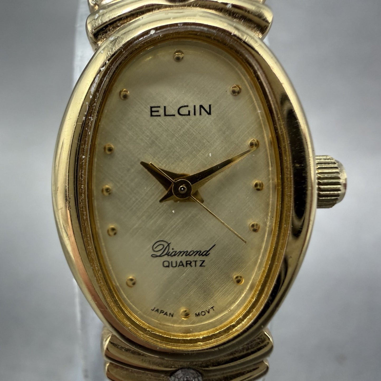 Elgin Watch Women 16mm Champagne Dial Gold Tone Oval Diamond Quartz New Batt ABC1