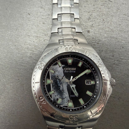 Citizen Eco-Drive Watch Men 40mm Black Dial Silver Tone Date E110-K000432 PARTS0