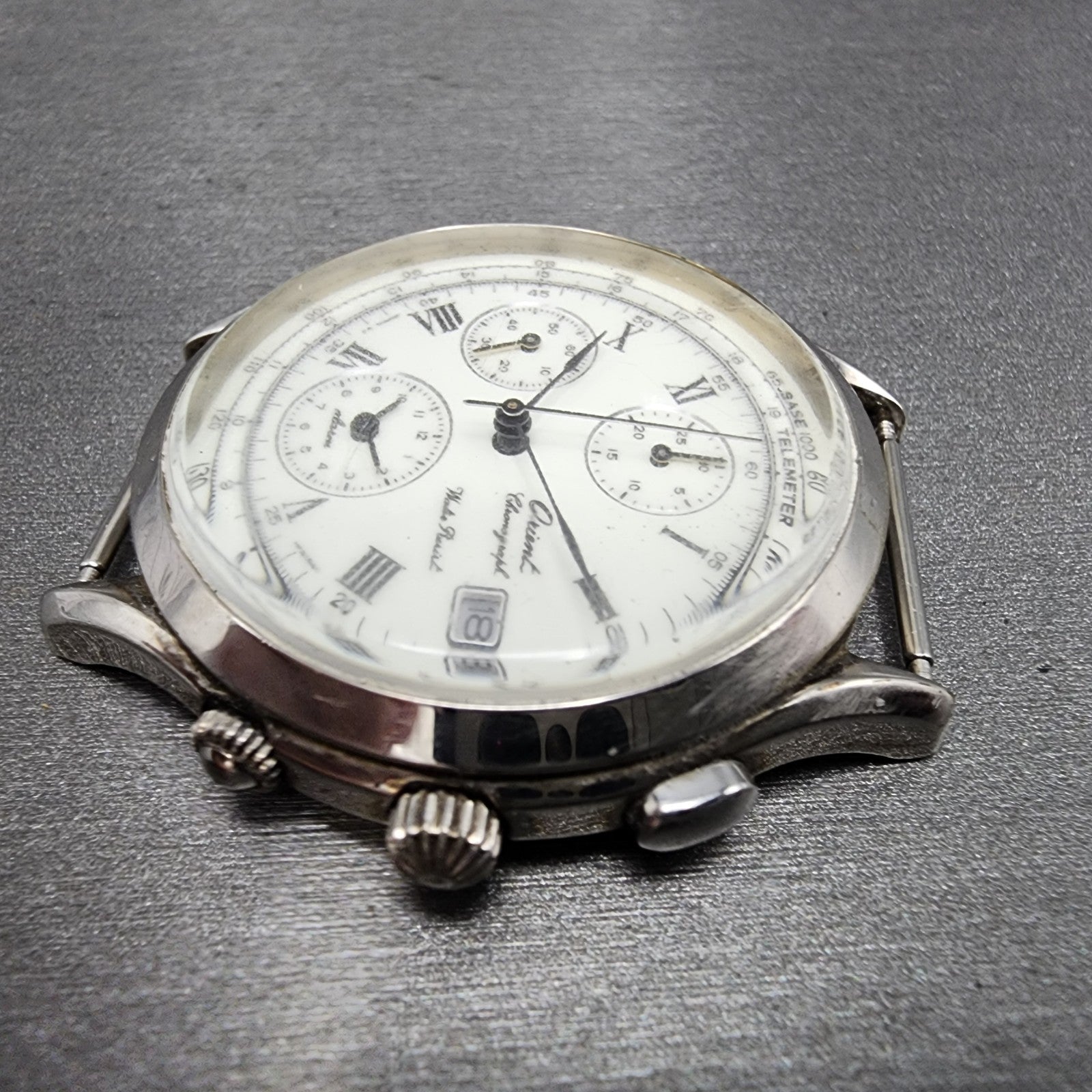 Orient Chronograph Watch Men 39mm White Dial Silver Tone Date Alarm READ!!!!!!!!5