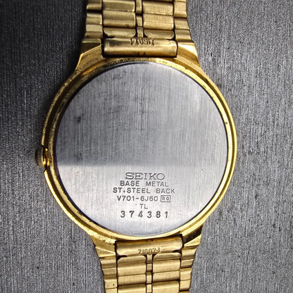 Seiko SX Watch Men 34mm Black Dial Gold Tone Round V701-6J60 New Battery Vintage10