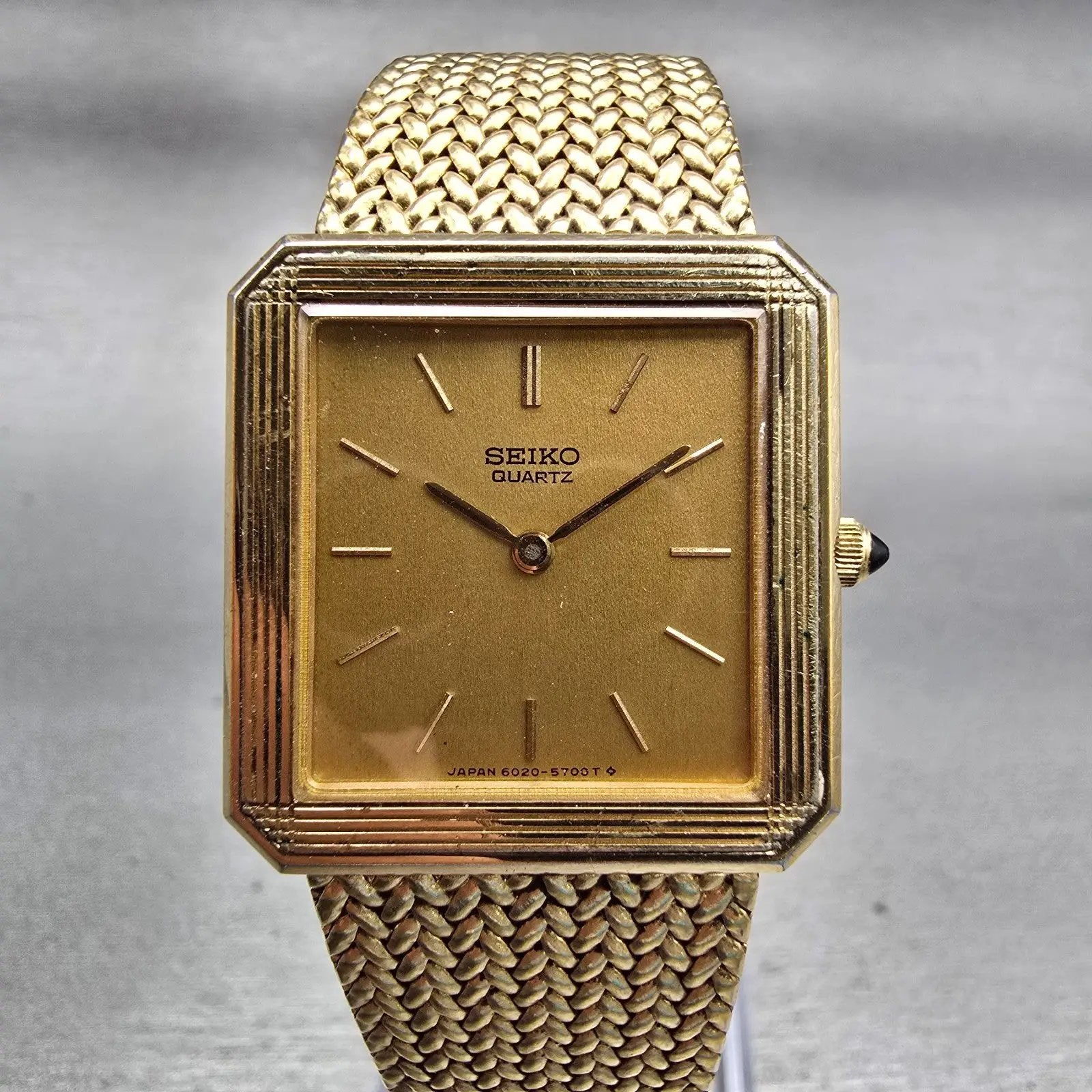 Seiko Watch Men 26mm Gold Dial Gold Tone Rectangle 6020-5339 New Battery Vintage0