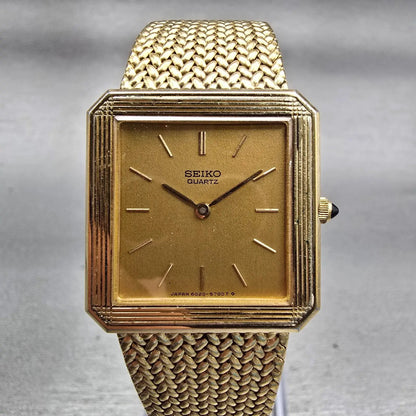 Seiko Watch Men 26mm Gold Dial Gold Tone Rectangle 6020-5339 New Battery Vintage0
