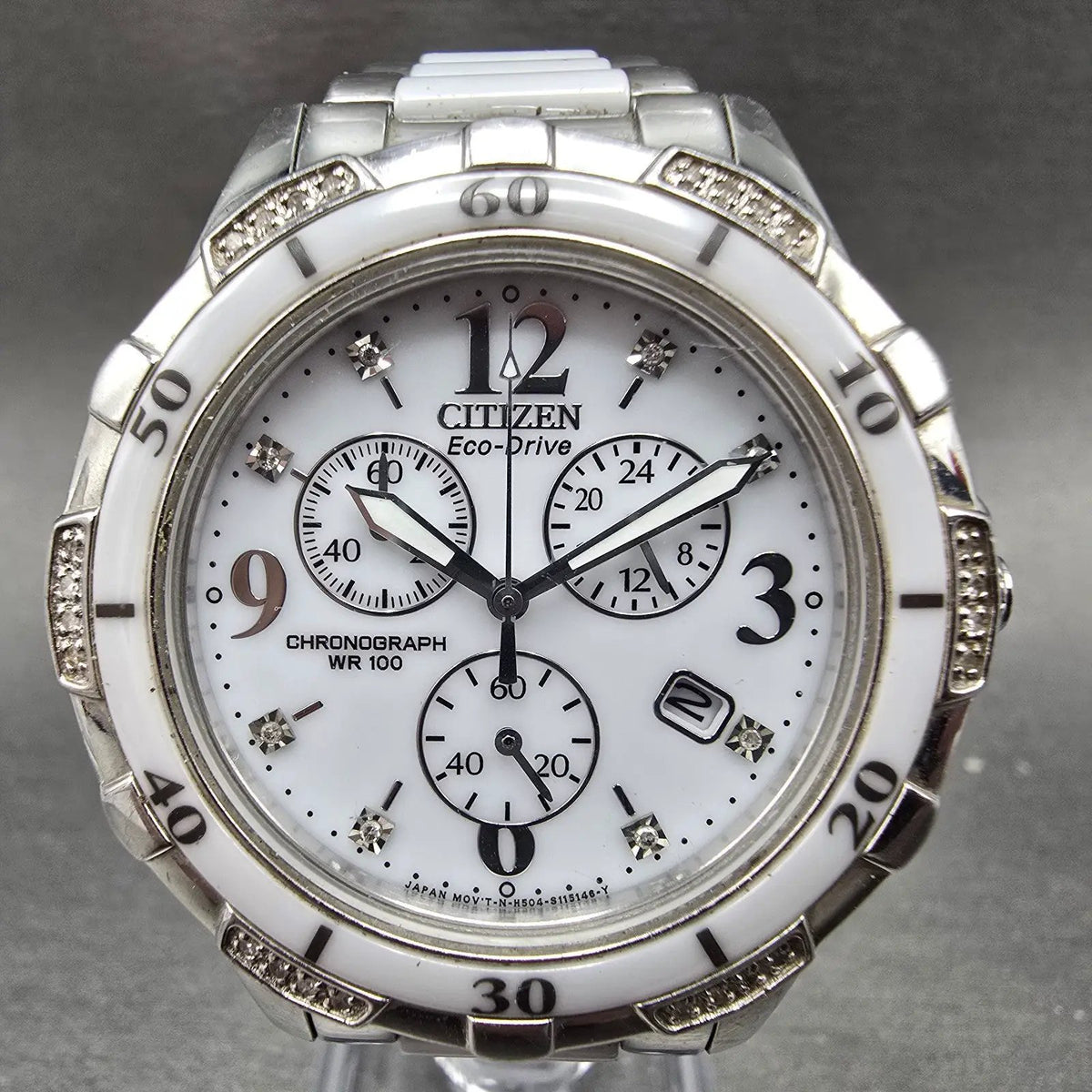 Citizen Eco-Drive Chronograph Watch Women 39mm White Dial Steel Diamonds Runs0