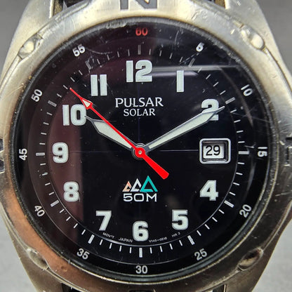 Seiko Pulsar Solar Watch Men 39mm Black Dial Silver Tone Date V145-0B90 Runs1
