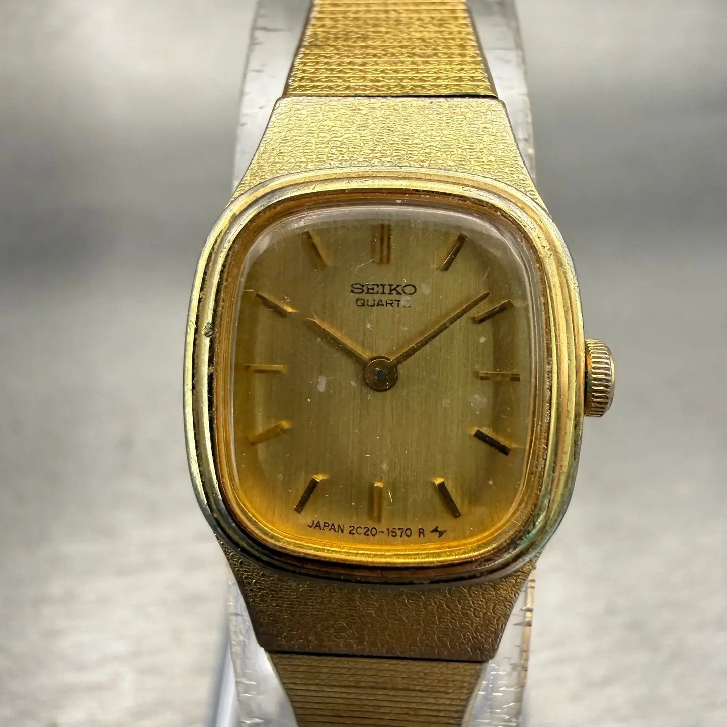 Seiko Watch Women 16mm Gold Dial Gold Tone Rectangle 2C20-5770 New Battery VTG0