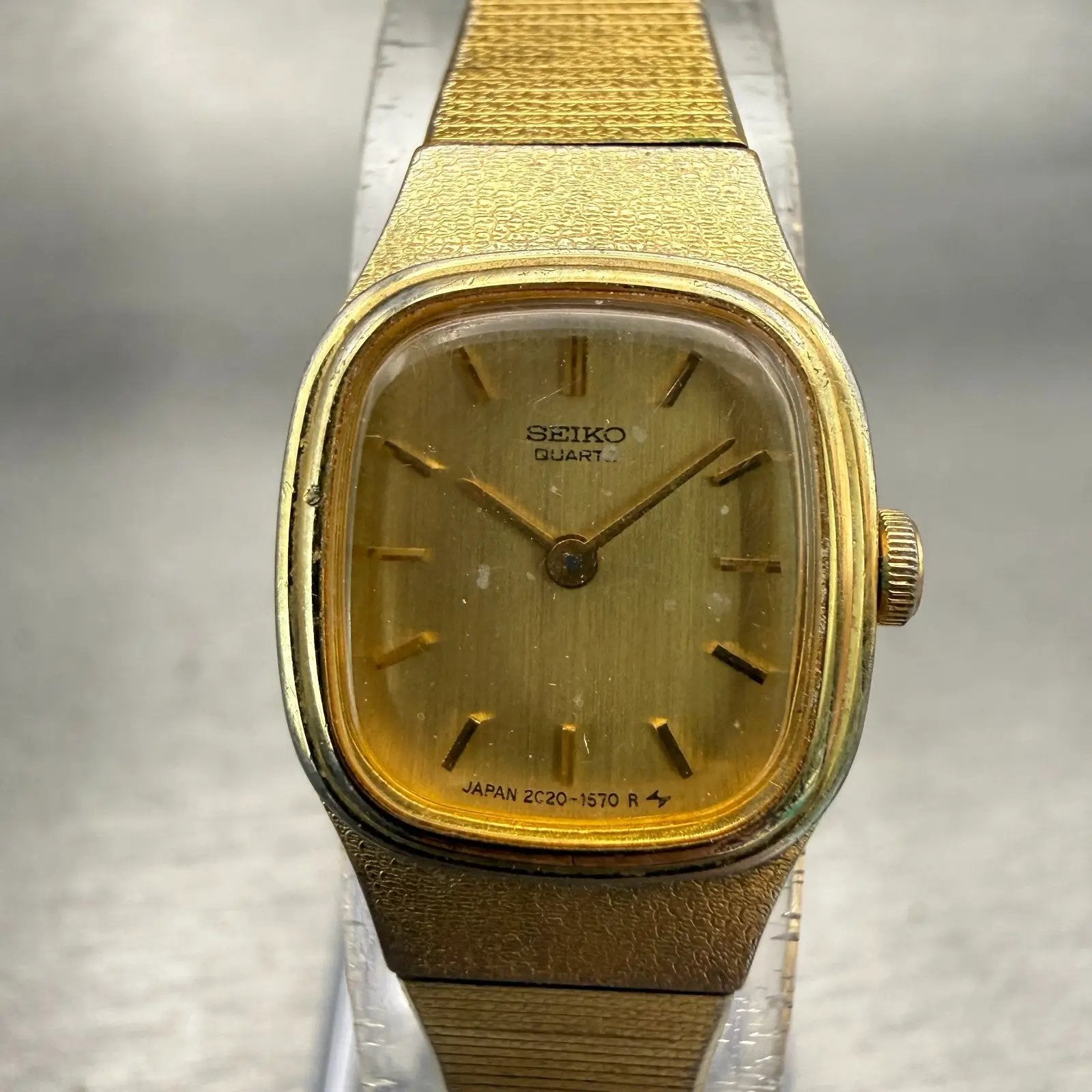 Seiko Watch Women 16mm Gold Dial Gold Tone Rectangle 2C20-5770 New Battery VTG0