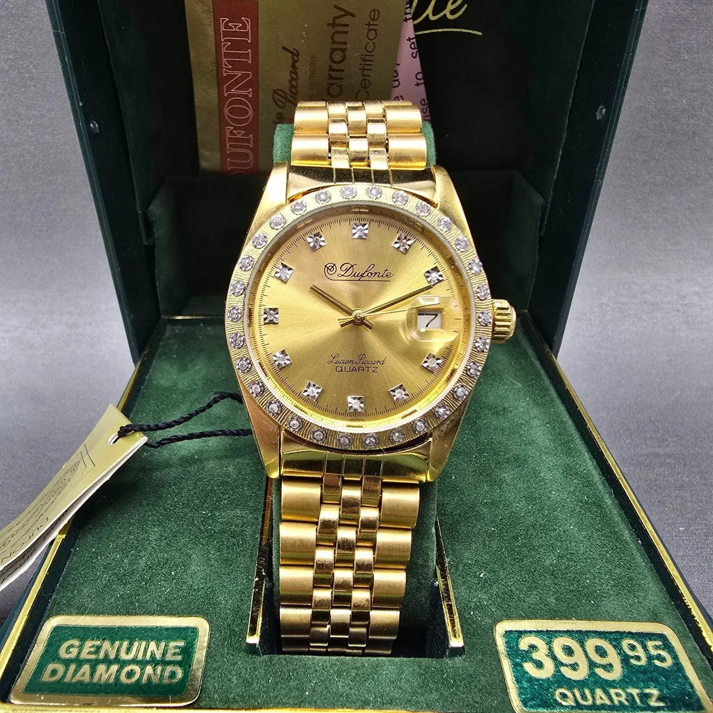 Lucien Piccard Dufonte Watch Men 36mm Gold Dial Gold Tone Date Diamond Bezel0