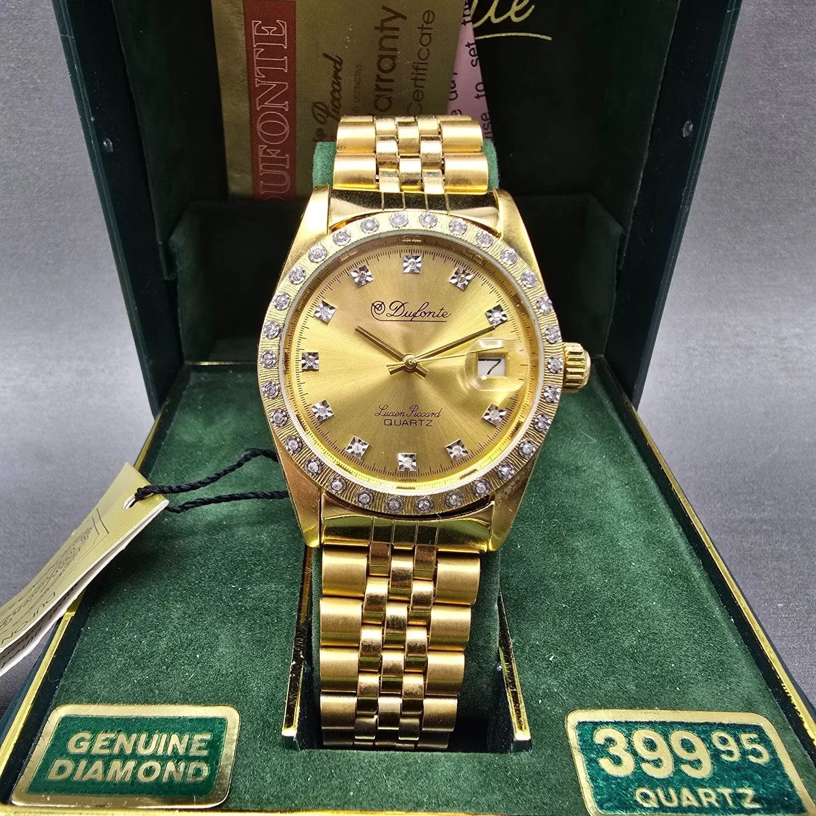 Lucien Piccard Dufonte Watch Men 36mm Gold Dial Gold Tone Date Diamond Bezel0