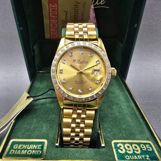 Lucien Piccard Dufonte Watch Men 36mm Gold Dial Gold Tone Date Diamond Bezel0