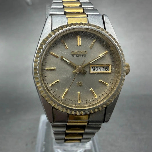 Seiko SQ Watch Women 24mm Gray Dial Two Tone Daydate Round 3E23-0A60 New Batt KD0