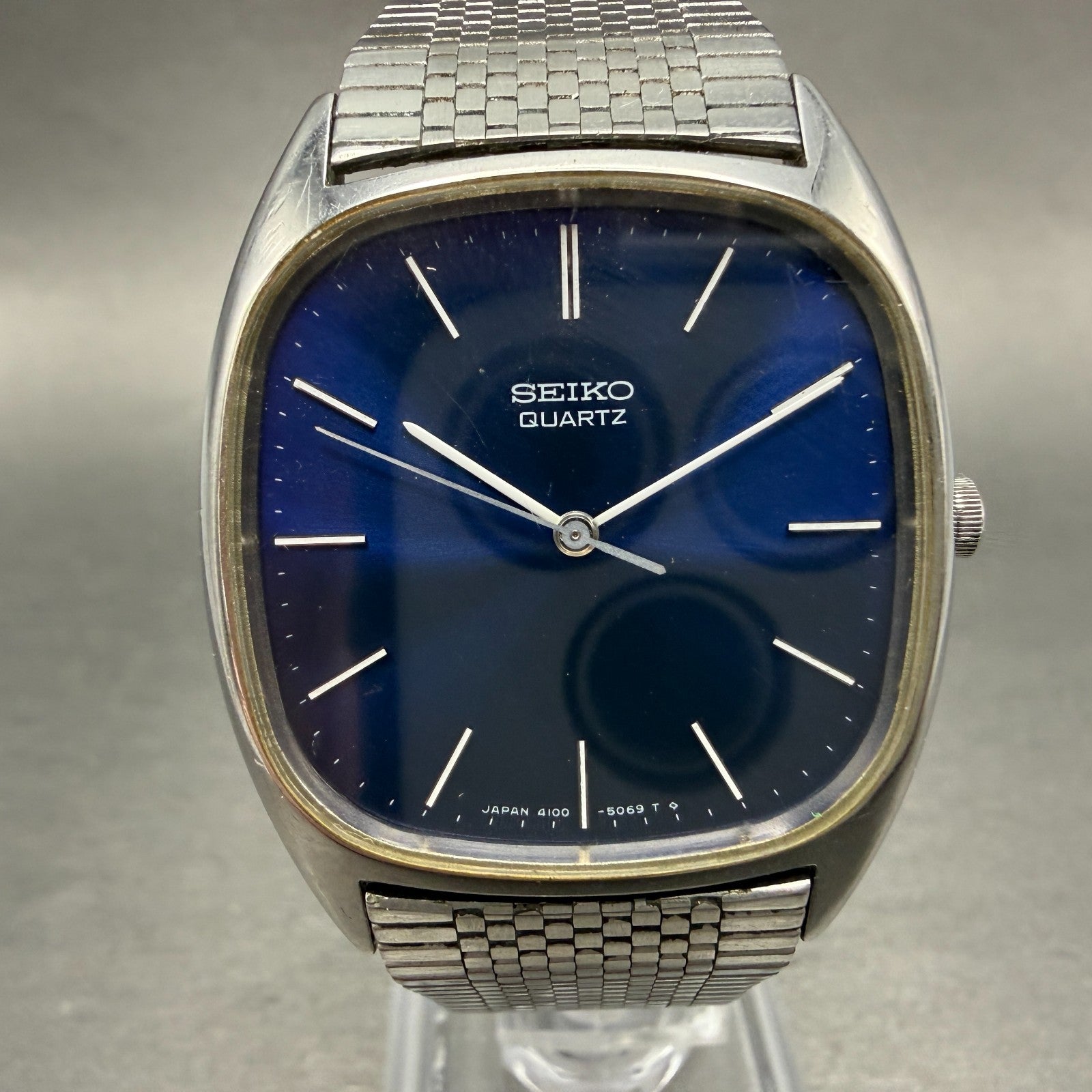 Seiko Watch Men 32mm Blue Dial Silver Tone Rectangle 4100-5069 New Battery VTG0