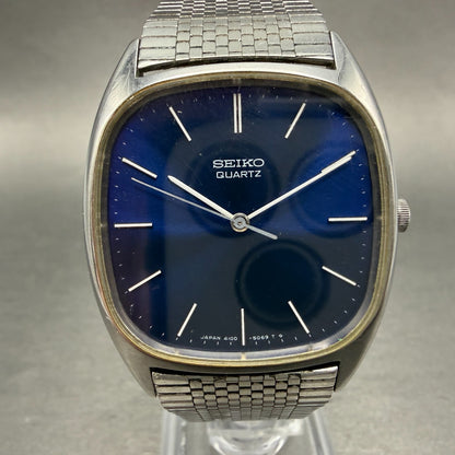 Seiko Watch Men 32mm Blue Dial Silver Tone Rectangle 4100-5069 New Battery VTG0