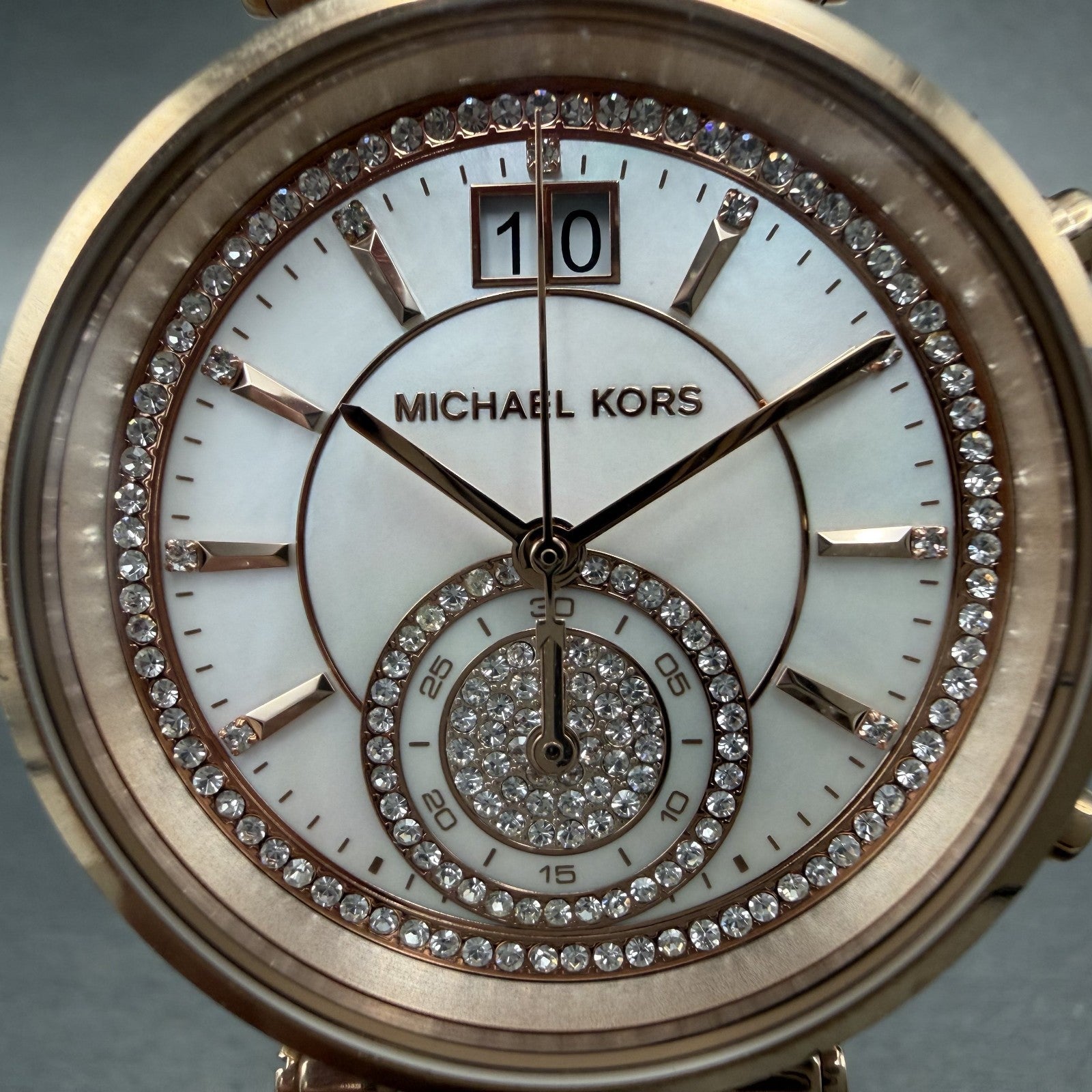 Michael kors Sawyer Watch Women 39mm MOP Dial Rose Gold Tone Date Chrono New Bat1