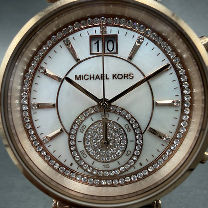 Michael kors Sawyer Watch Women 39mm MOP Dial Rose Gold Tone Date Chrono New Bat1