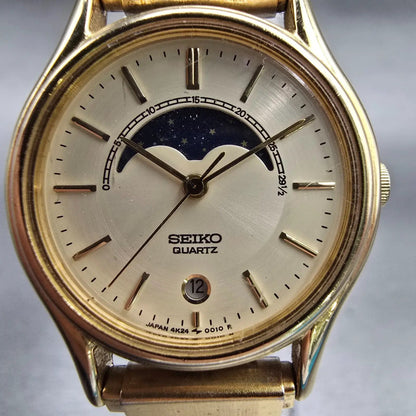 Seiko Moon Phase Watch Women 25mm Cream Dial Gold Tone Date 4K24-0019 New Batt1