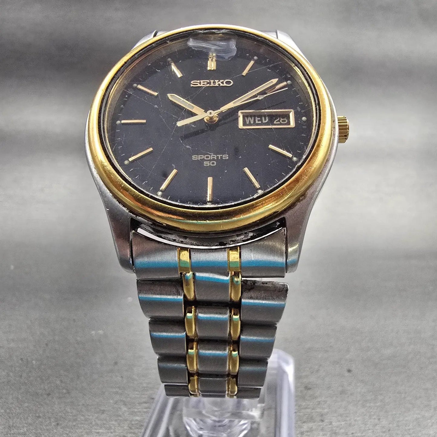 Seiko Sports 50 Watch Men 36mm Black Dial Two Tone Daydate 7N43-9A00 New Battery5