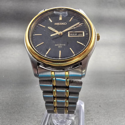 Seiko Sports 50 Watch Men 36mm Black Dial Two Tone Daydate 7N43-9A00 New Battery5