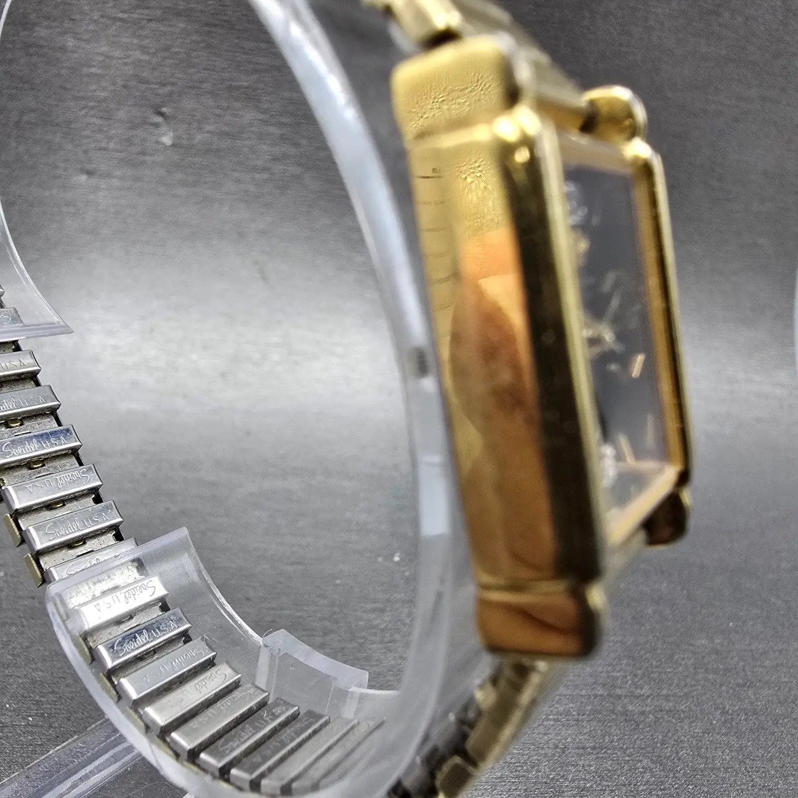 Jules Jurgensen Watch Women 18mm Black Dial Gold Tone Rectangle New Battery VTG3
