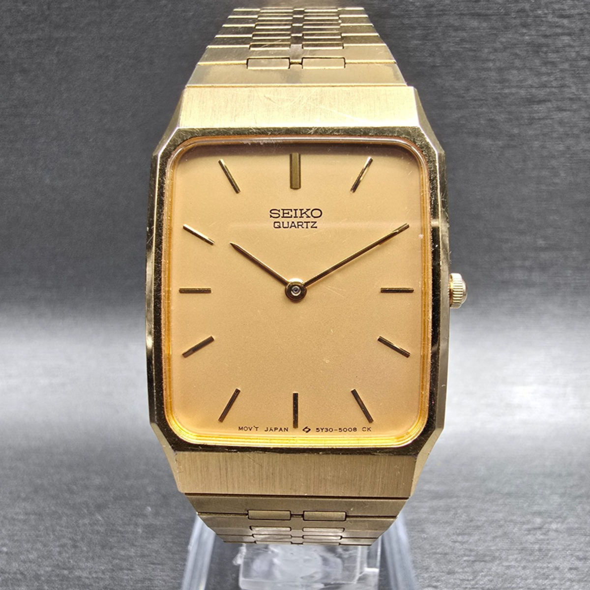 Seiko Watch Men 27mm Gold Dial Gold Tone Rectangle 5Y30-5009 New Battery0