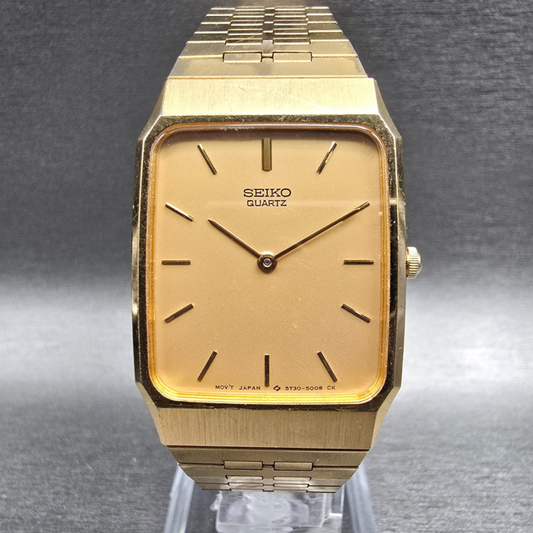 Seiko Watch Men 27mm Gold Dial Gold Tone Rectangle 5Y30-5009 New Battery0