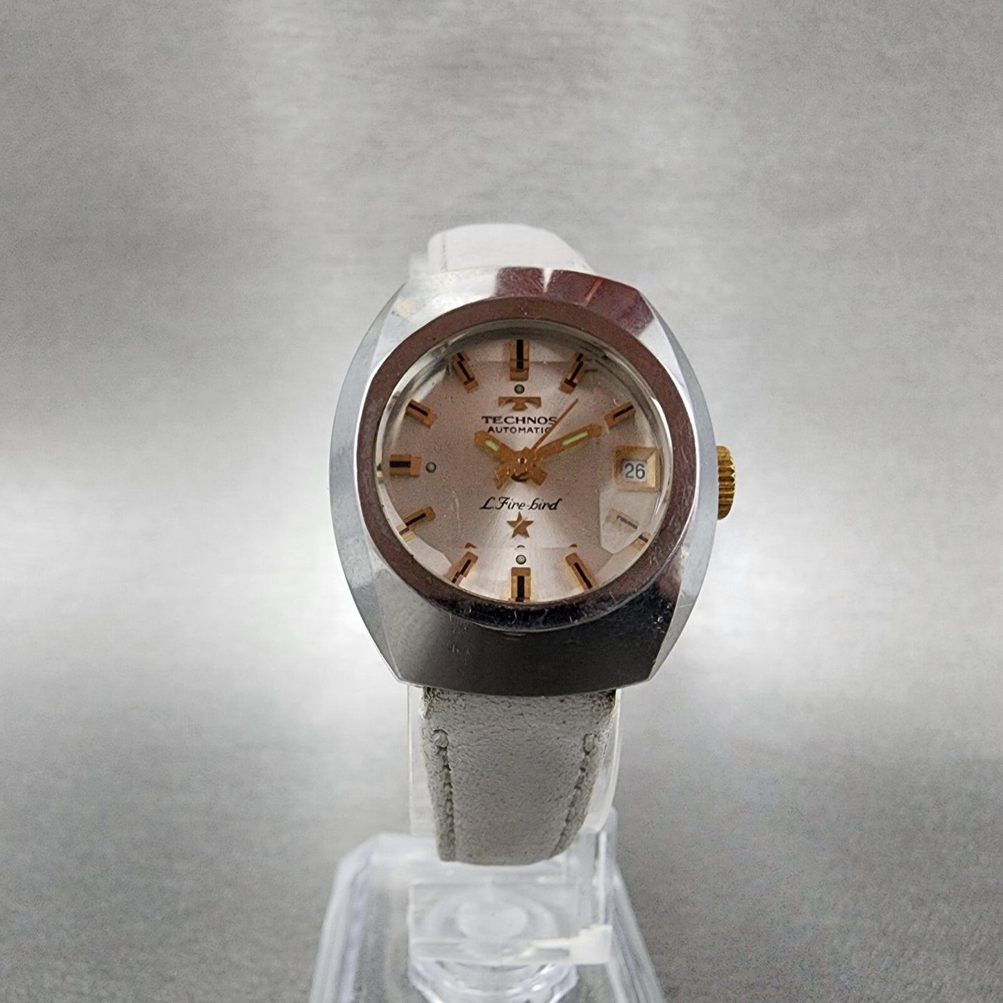 Technos Fire Brid Automatic Watch Women 25mm Whtie Dial Steel Date Runs VTG5