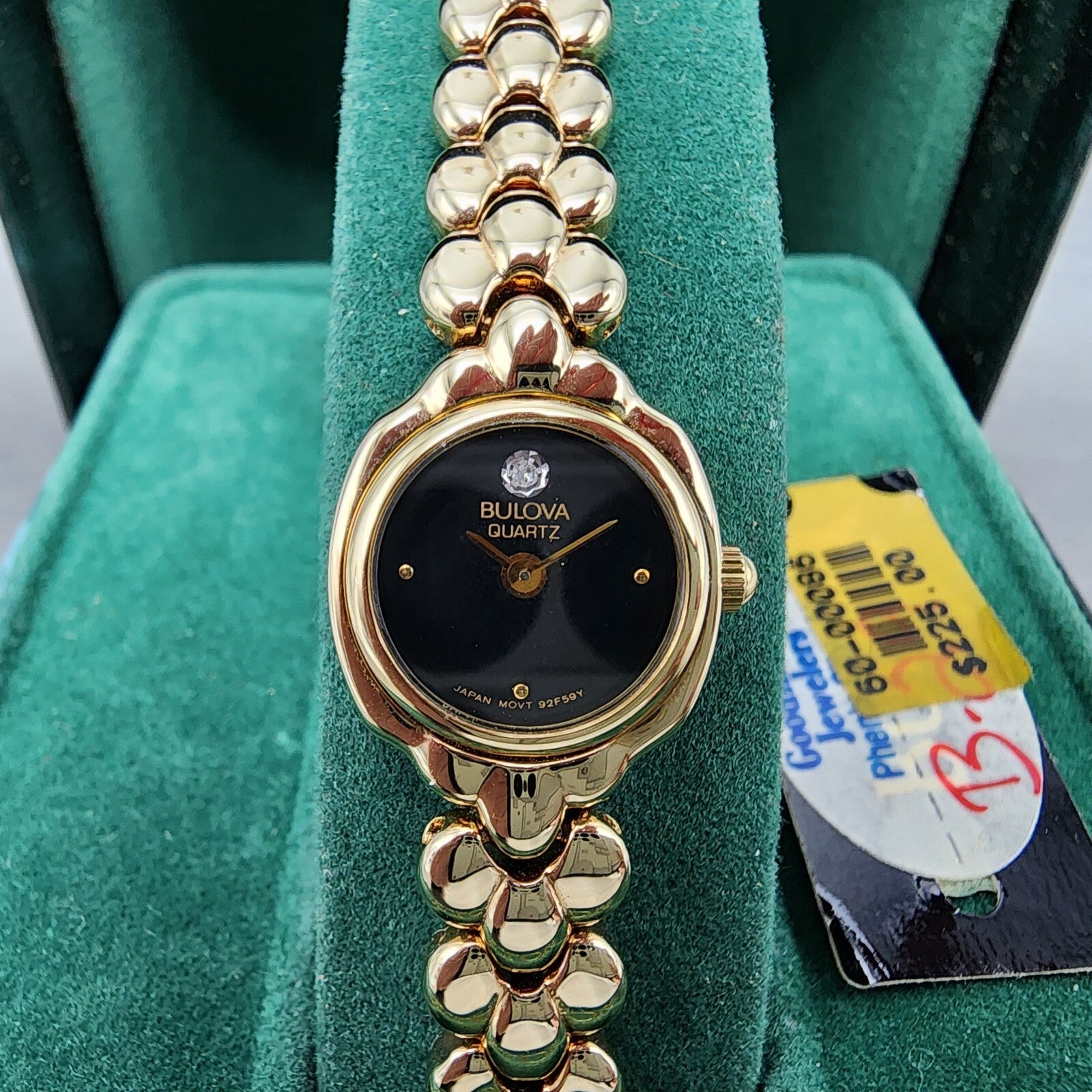 Bulova Watch Women 17mm Black Dial Gold Tone Round 92F59 New Batt NOS1